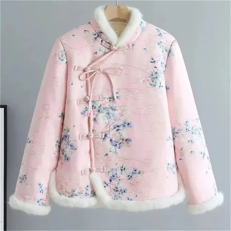 

5XL Autumn Winter New Retro Floral Coat Lady Padded Warm National Wind Cotton-padded Coats Joker Stand Collar Cotton-padded Coat