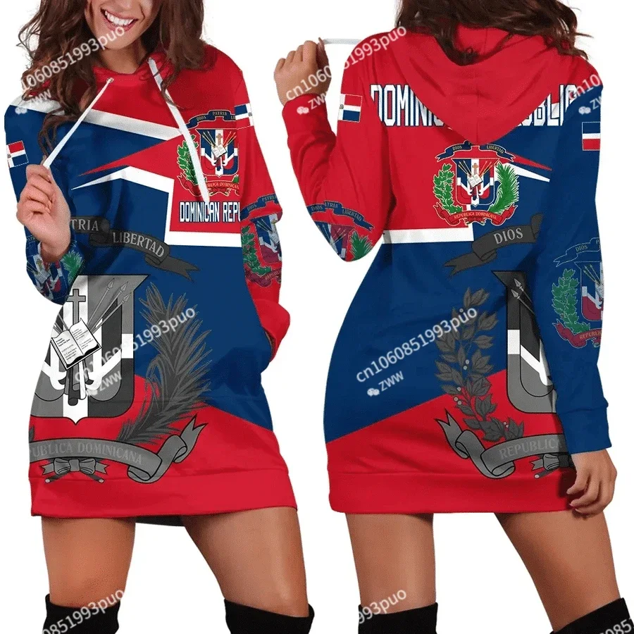 Love Dominican Republic Country Flag Harajuku Novelty 3D Print Spring Hoodies Dress Women Casual Wear Long Sleeve Hooded Dress-4