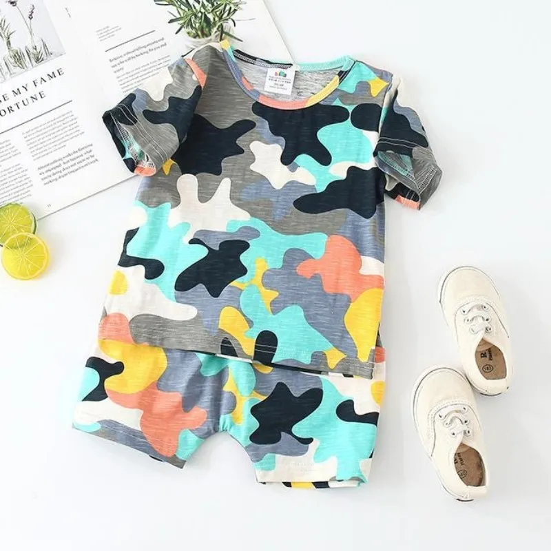 Hot Summer 2 3 4 5 6 8 10 Years Children Handsome Army Green Camouflage Short Sleeve T-Shirt Shorts Baby Kids Boy 2 Pieces Sets