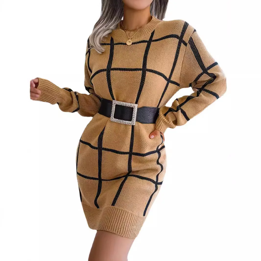 가을 겨울 캐주얼 롱 스웨터 체크 무늬 베이스 레이어 스웨터 여성 의류 라운드 넥 스트라이프 패턴