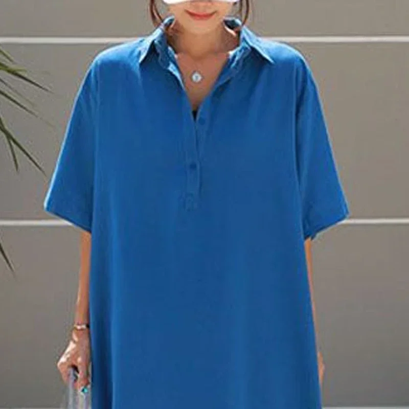 Robe Maxi Décontractée à Manches Courtes pour Femme, lèvent, Style Coréen, Col Rabattu, Couleur Unie, T-shirt, Été