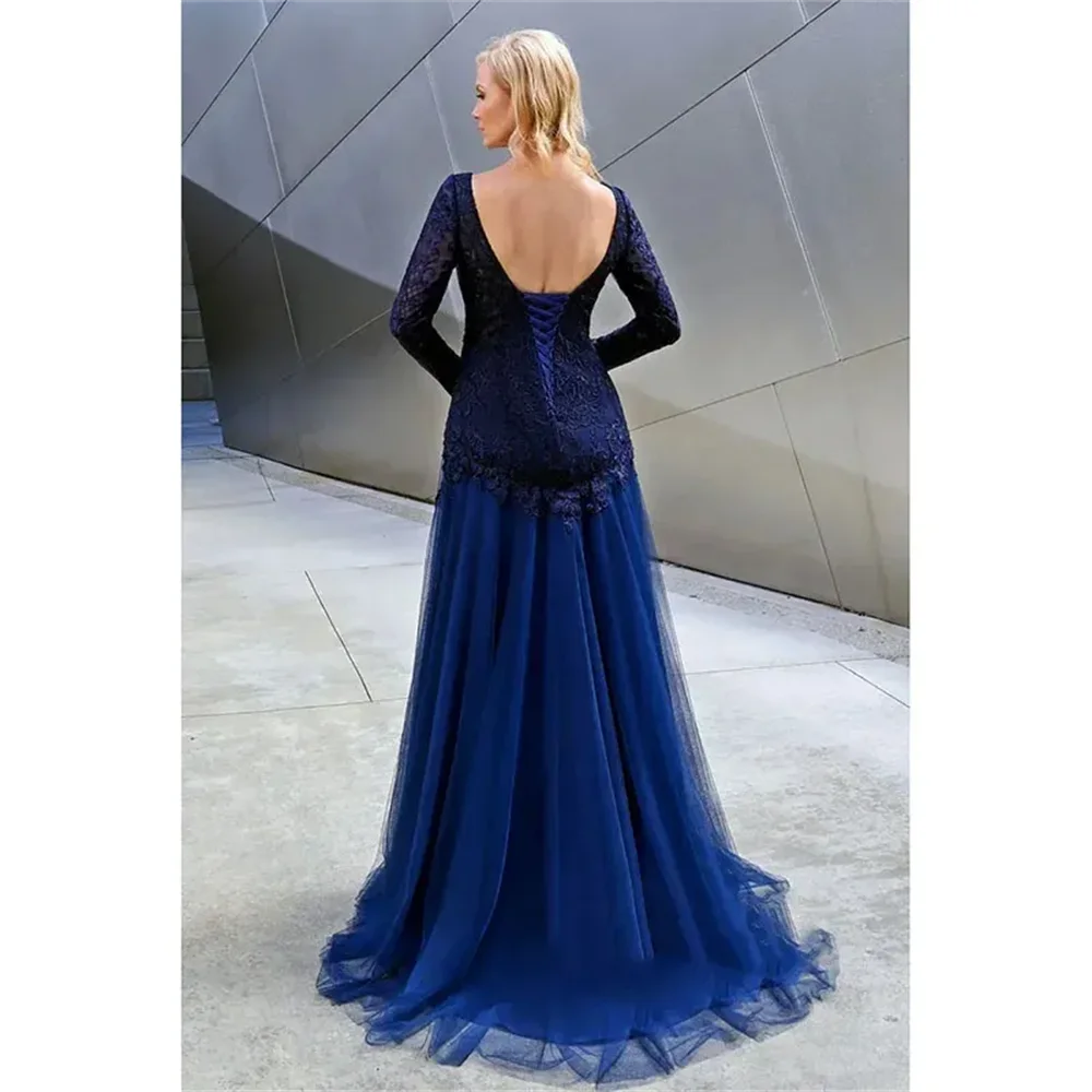 Sexy Open Back Mother Of The Bride Dresses Long Sleeves Lace Appliques Wedding Guest Gowns Plus Size Formal Evening Dress