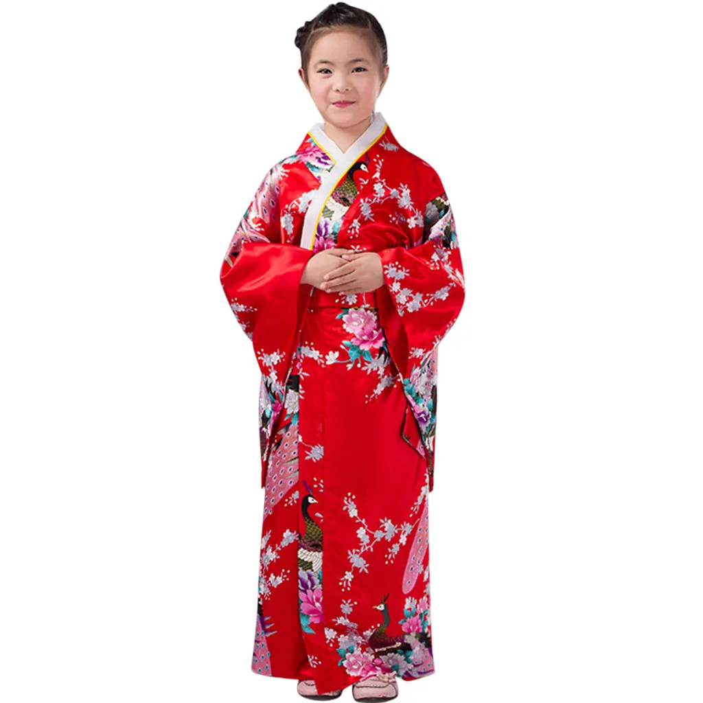 4-10 Year Loose Style Japanese Satin Peacock Print Dress Toddler Kids Baby Girls Outfits Clothes Kimono Robe Traditional Costume