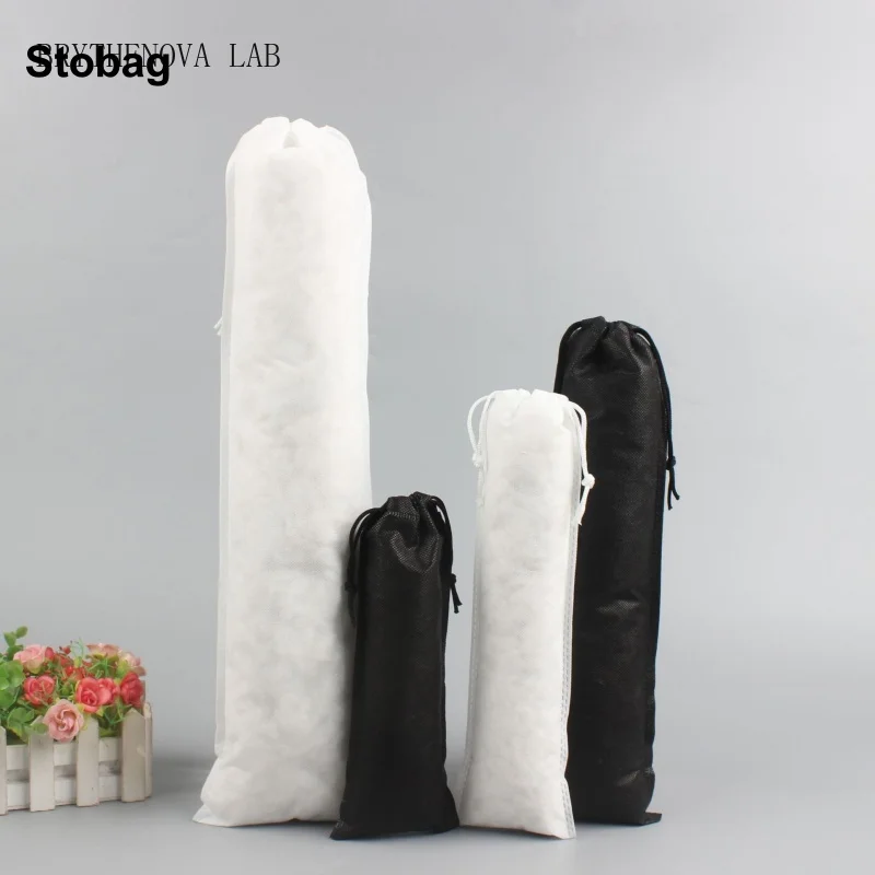 100pcs StoBag Wholesale Long White/Black Non-woven Drawstring Clothes Bags Storage Reusable Pocket Travel Organizer Pouches