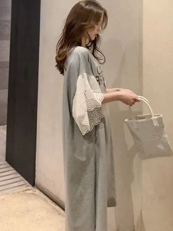 Coréen Sle été imprimé Dr dentelle garniture mouche Sve t-shirt Dr taille ample ort Sve mi-longue coupe droite Dr