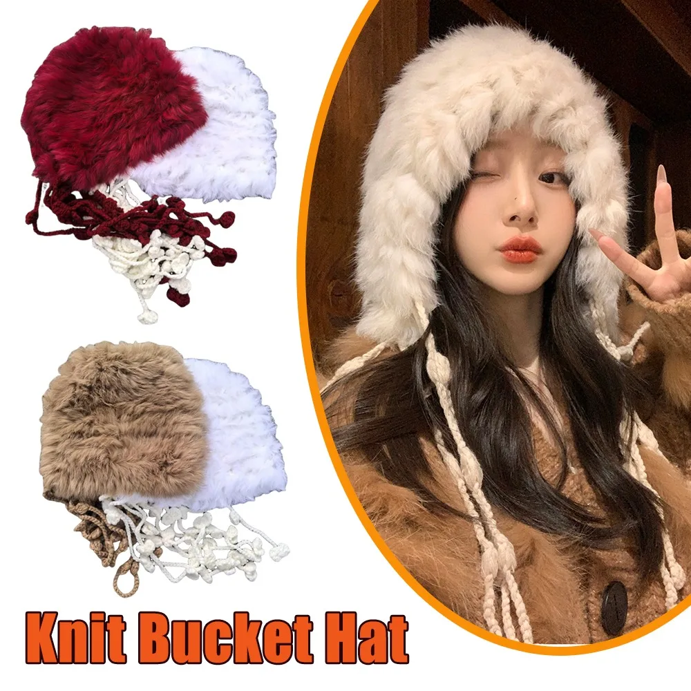 2023 neue Koreanische Stil Winter Stricken Hut für Frauen Kaninchen Fell Flauschigen Eimer Hut mit Ohrenklappen Quasten Warme Gesicht Abnehmen dick