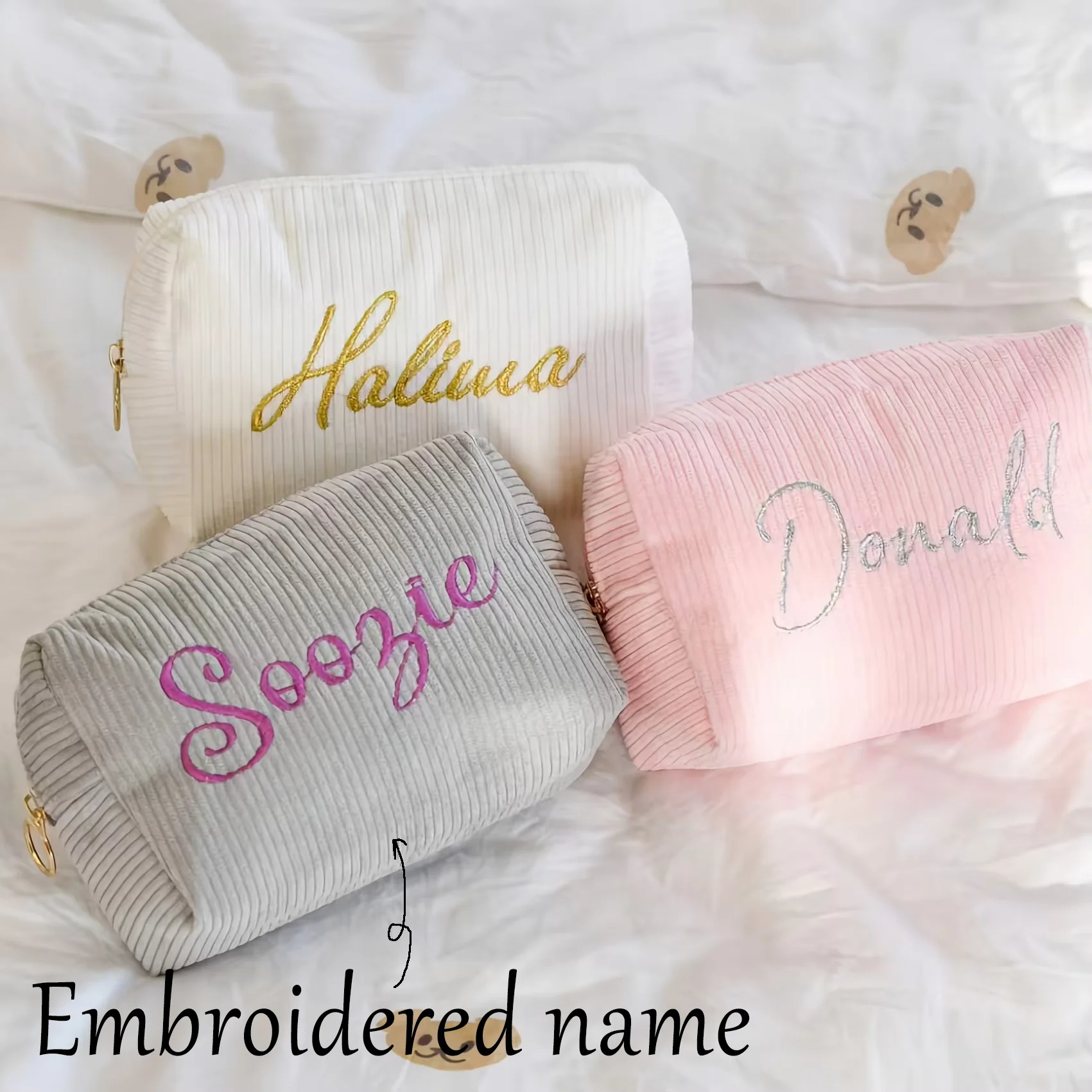 Embroidered name Corduroy Makeup Bag Custom Cosmetic Pouch Large Capacity Travel Toiletry Bag Bridesmaid Gift Storage Organizer