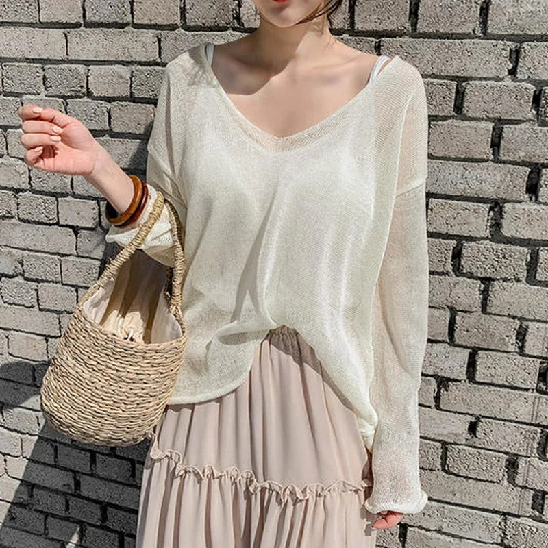 

2025 Spring and Summer New Thin Sunscreen Shirt Sexy See Through Blouse Women V-neck Knitted Tops Korean Loose Clothes 9829