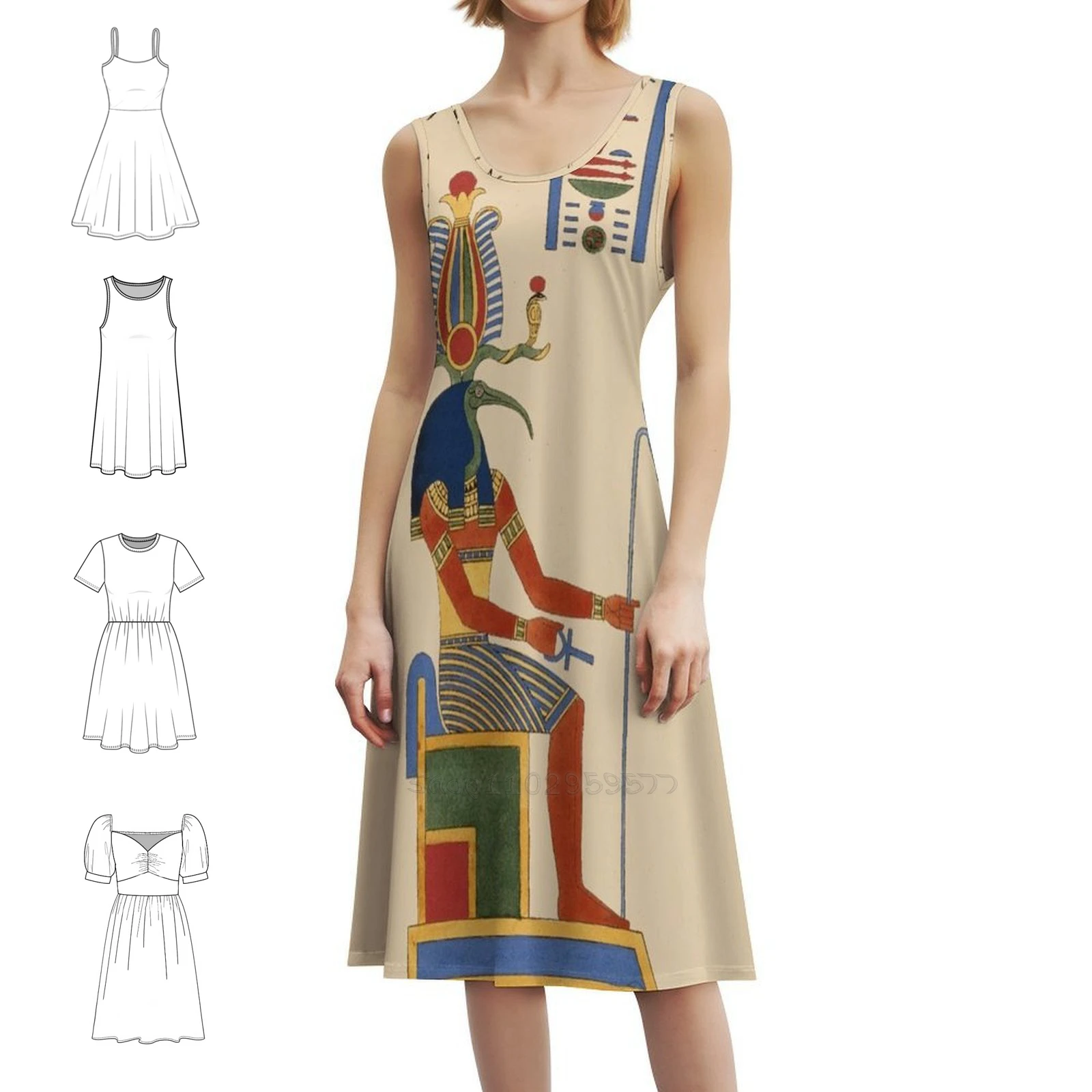 

Thoth Bohemian Sleeveless Dress Multi-Print Beach Vacation Party Dress Thoth God Gods Falcon Egypt Egyptian Evening Dress Women