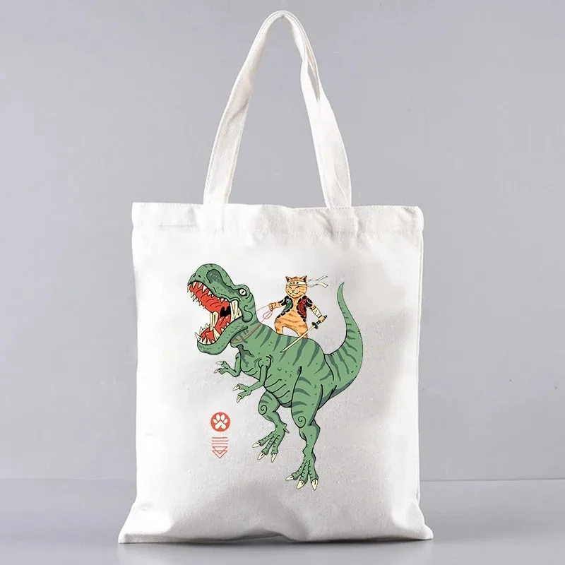 

Сумка-тоут с изображением динозавра из мультфильма, сумка через плечо, холщовая сумка, экологически чистая сумка для покупок, большая вместимость, складная, многоразовая