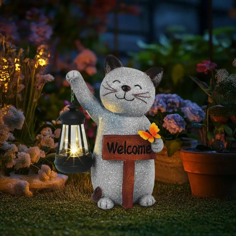 Resin Statue Solar Light Cute Animal Figurine Lantern Desktop Art Crafts Ornament Garden Backyard Landscape Lamp Props