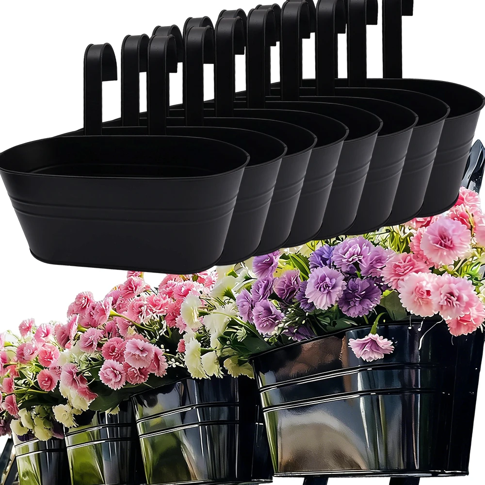 

1/4x Hanging Iron Bucket Planter Flower Pots with Detachable Hooks Drainage Holes Outdoor Garden Railing Fence Planter Basket