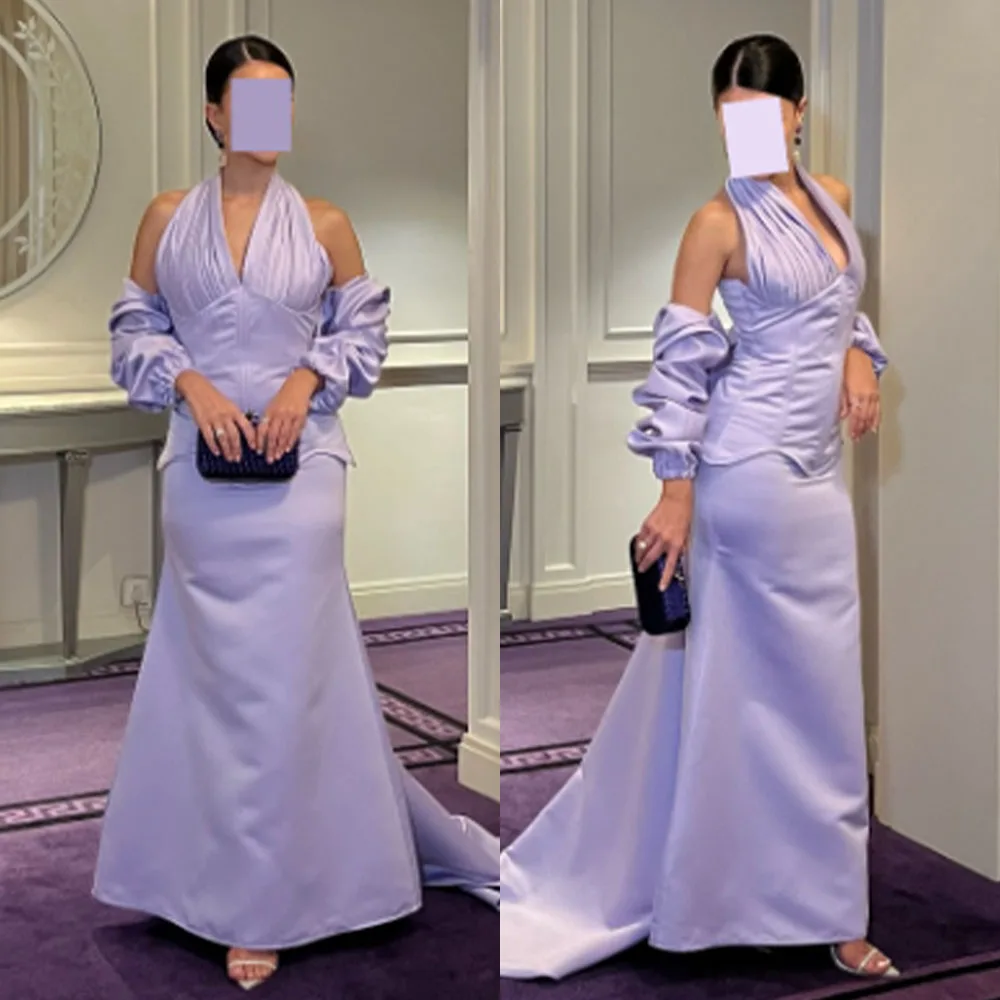 

High Quality Customized Ankle Length Purple Halter Sweep Train Elegant Dress Women for Wedding Party Платье Корейский Стиль Robe