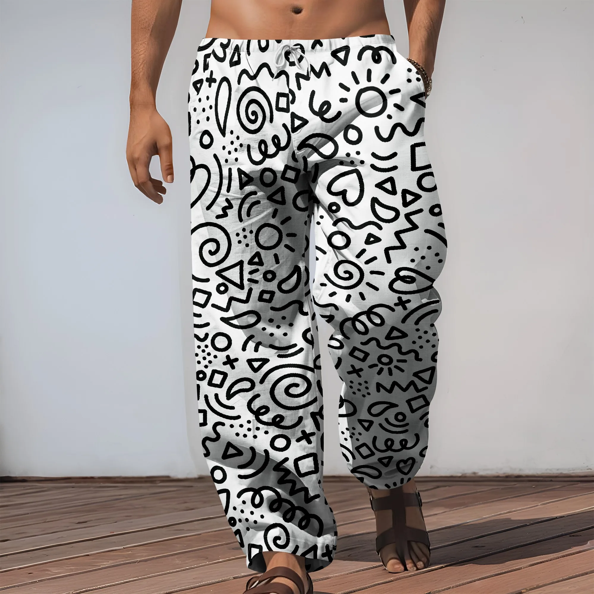 YEAE Zwarte broek met schetspatroonprint voor heren Zomer casual losse broek met trekkoord