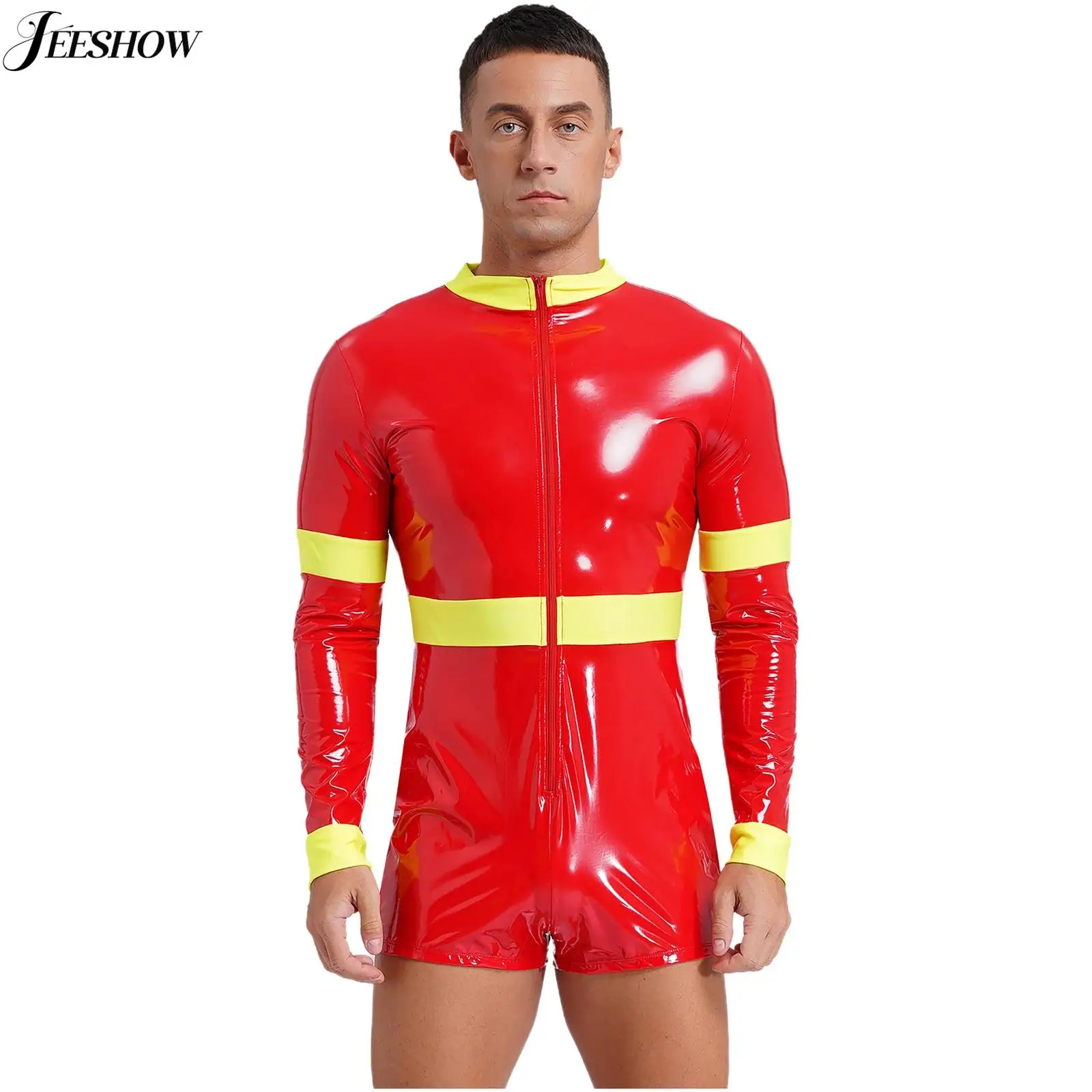 Mens Sexy Firefighter Costume Wet Look Leather Long Sleeve Bodysuits Shorts Rompers Fireman Cosplay Uniforms Outfits Clubwear