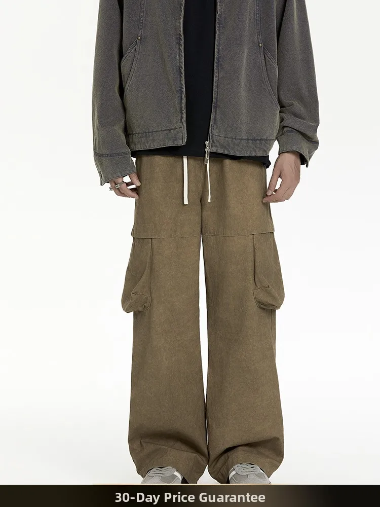 

Мужские рабочие брюки в американском ретро-стиле, свободные прямые повседневные брюки, осенняя новинка, однотонные, с множеством карманов