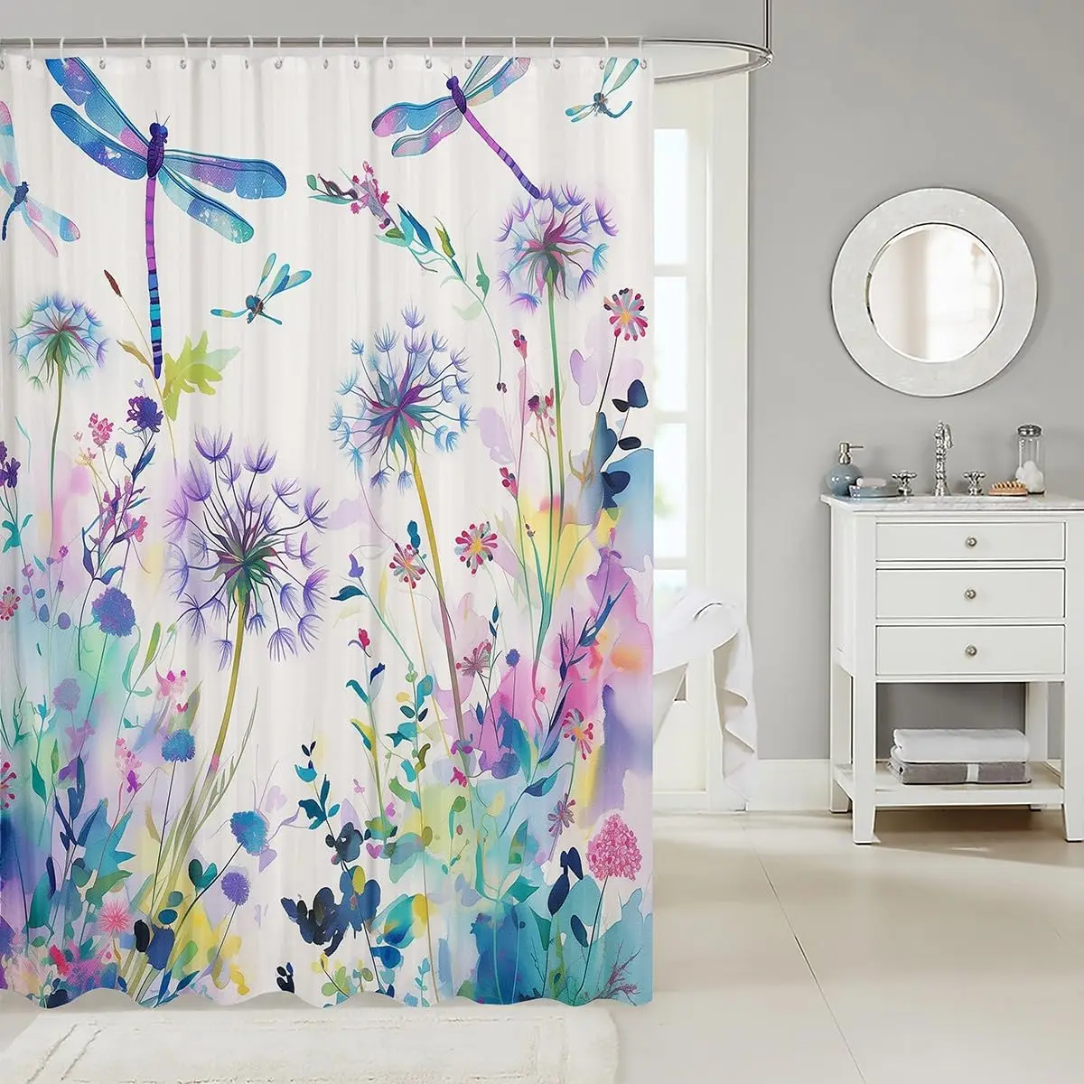 Watercolor Floral Butterfly Shower Curtain Bathroom Decor Polyester Dragonfly Waterproof Garden Spring Summer Accent Liner