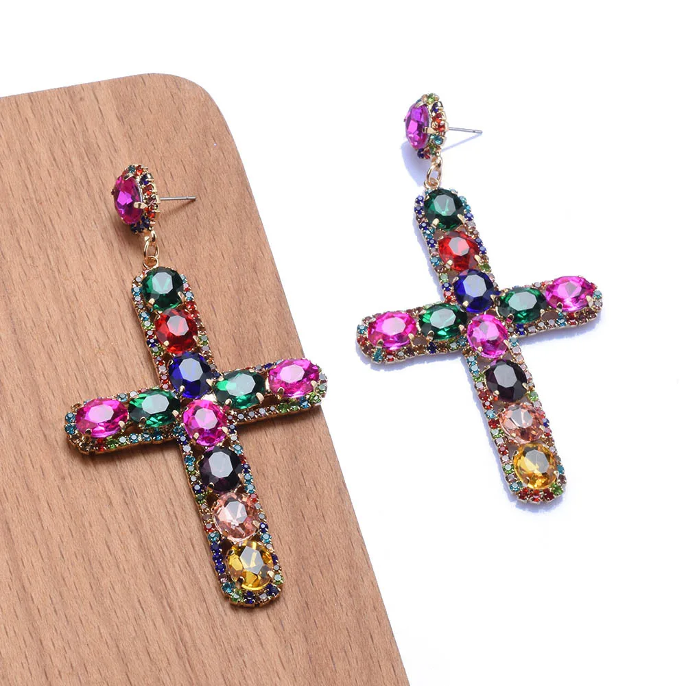 Fashion exaggerated alloy diamond-encrusted colored cross earrings luxury earrings women's cross-border earrings wholesale