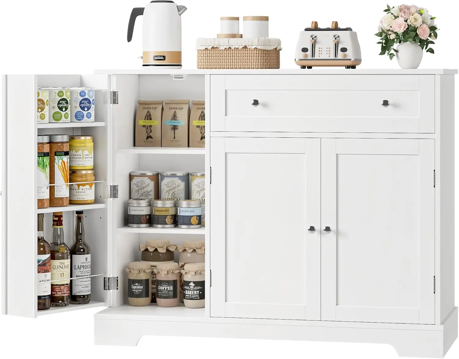 현대적인 화이트 뷔페 캐비닛, 문, 서랍 및 조절 가능한 선반이 있는 주방, 식당 또는 거실용