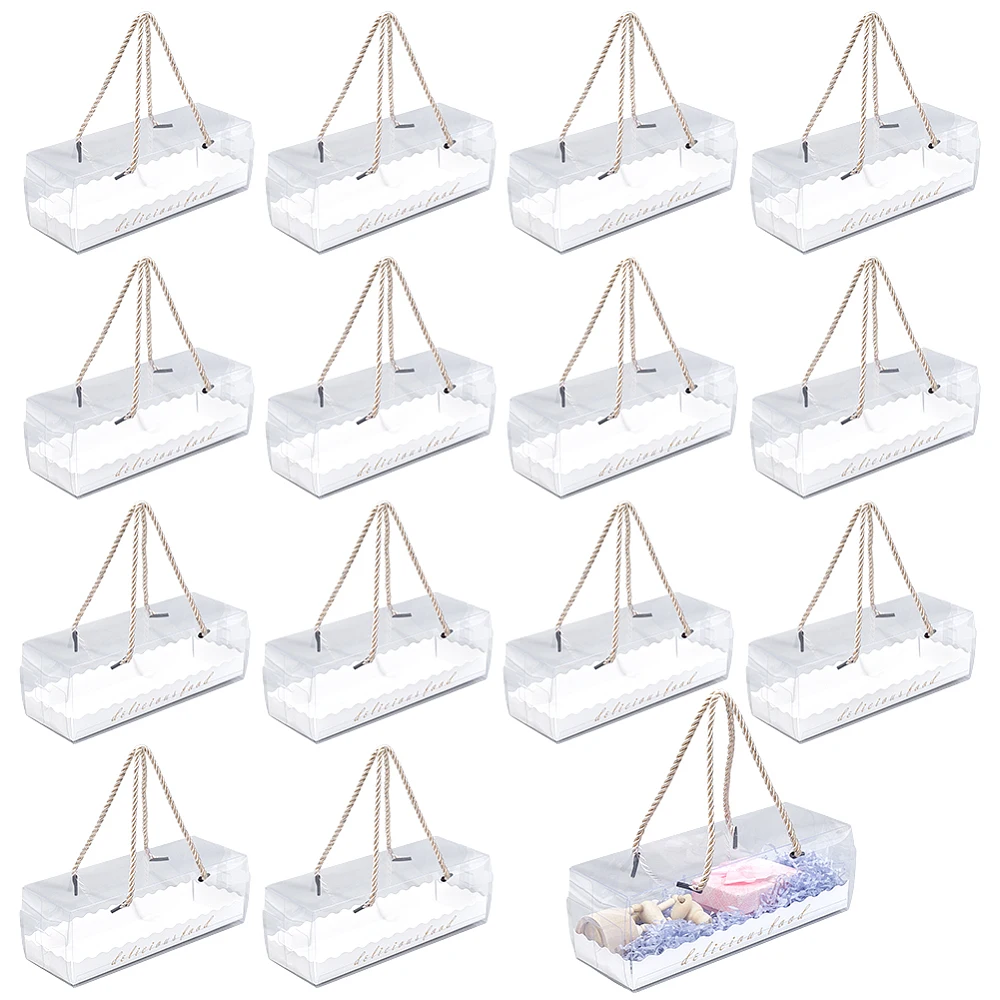 15 Pack Clear Roll Boxes Rectangle Transparent Cupcake Box Pumpkin Roll Containers with Gold Rope Handle 8.4×3.1×3.1inch