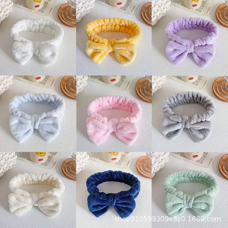 Women Simple Solid Color Bow Headbands Flannel Makeup Spa Wash Face Turban Head Wrap Girls Hair Towel Accessories Hairbands