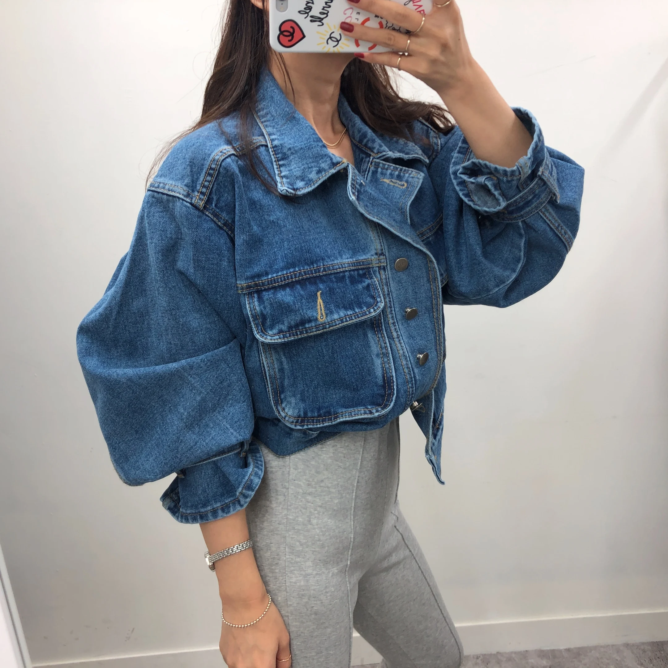 Retro Patchwork Denim Short Jacket Women's Fashion Casual Cotton Outerwear Straight Hem Long Sleeve Button Closure No Hat