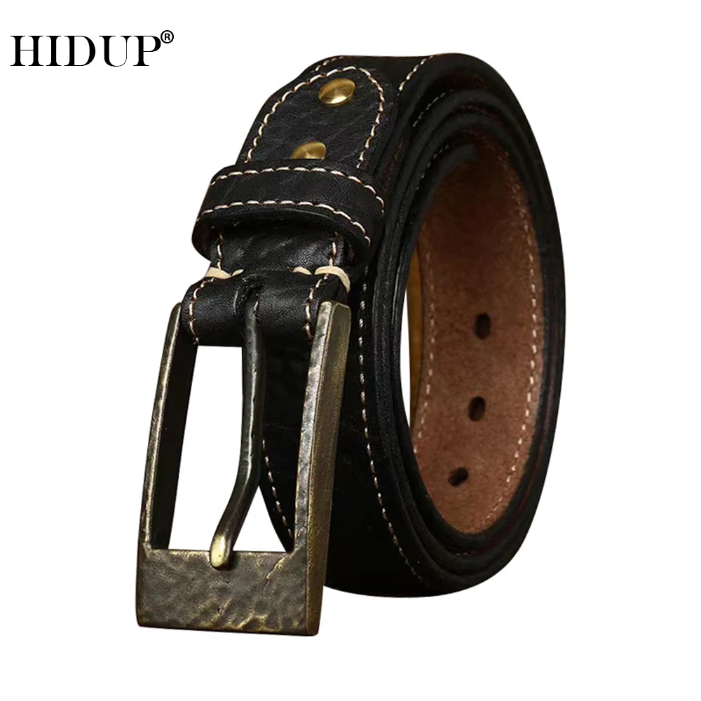 HIDUP Unique Design Handmake Solid Cowhide Belts Brass Buckle Retro Styles Pure Cow Skin Leather Belt Jeans Accessories NWJ1214