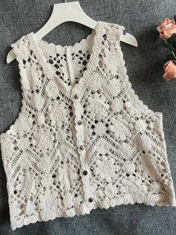 Embroidered Floral Crochet Vest for Women Hollow-out Open Knit Sleeveless Cardigan Boho Summer Festival Outfit