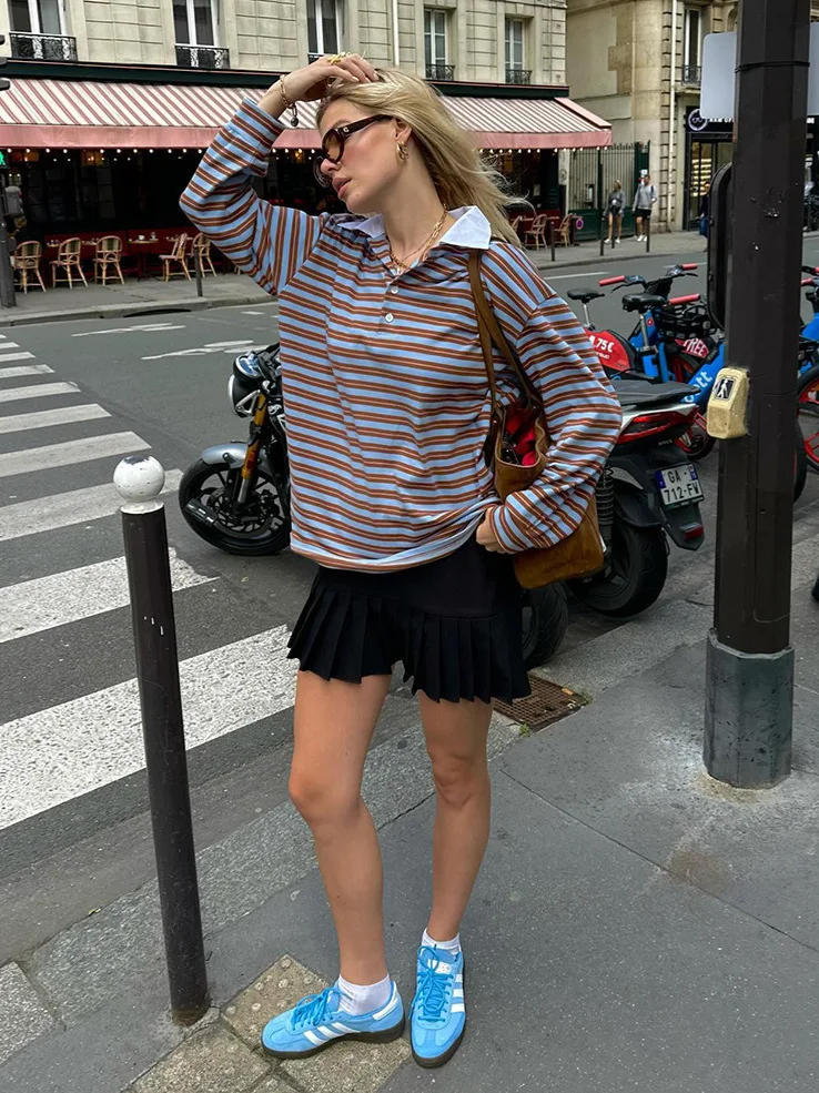 American Style Cool Spicy Loose Long Sleeve Striped T-Shirt Color Block Vintage Fashion New Autumn Season Casual Comfortable