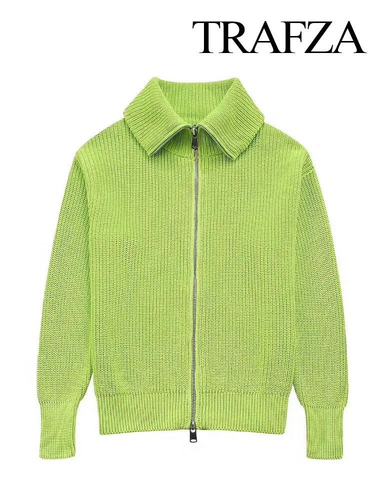 

TRAFZA Female Summer Casual Zipper Turn Down Collar Cardigan Knitted Green Coat Top Popular Street Wear Sweater Women Mujer TRAF