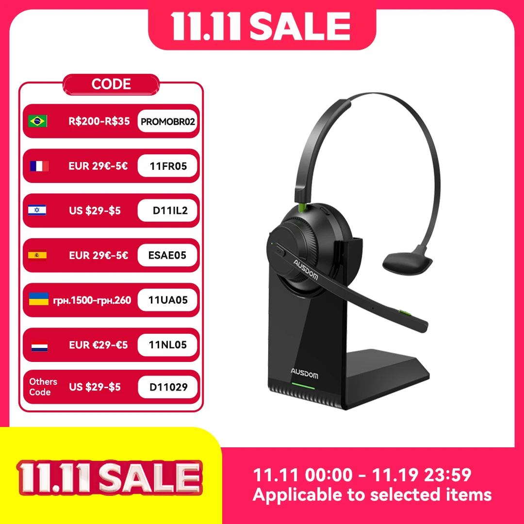 

Беспроводная гарнитура AUSDOM A2302 с функцией шумоподавления, Bluetooth 5,1, зарядным устройством и подставкой