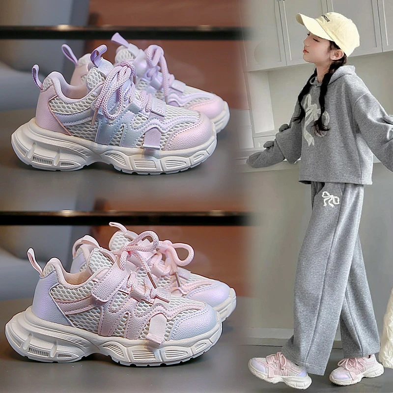 

Children Running Shoes Mesh Breathable Kids Basketball Shoes Soft Bottom 2026 New Fashion Girls Casual Shoes Non-slip Hook&loop