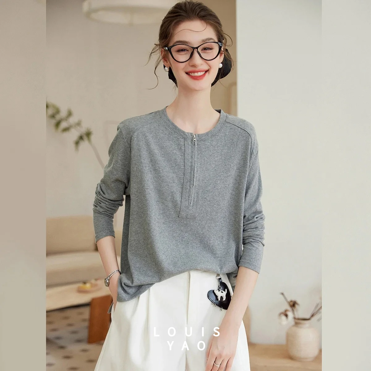 

LOUISYAO Half-open Collar Long-sleeve T-shirt 2025 Autumn Round Neck Zipper Drop Sleeves Women's Tees Tops for Women