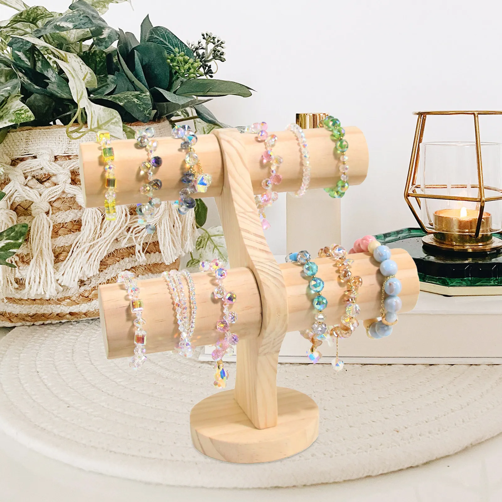 

Wooden Bracelet Display Stand 2 Tiers Simple Color Durable Storage Organizer Fashion Desktop Accessory