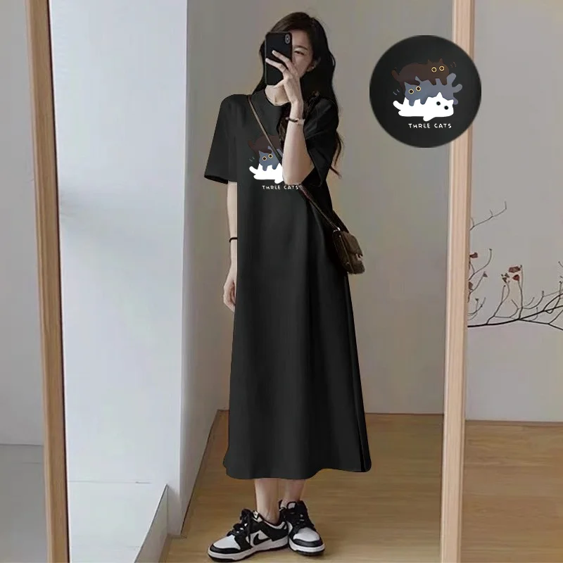 

2026 Summer New Korean-style Patterned Layered Cat Pattern Loose Large-Sized Casual Short-Sleeved T-Shirt Long Dress