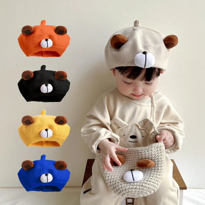 Fashion Knitted Baby Hat for Girls Candy Color Bear Elastic Infant Baby Beret Hat Kids Caps for Girls 1-4 Years 1 PC