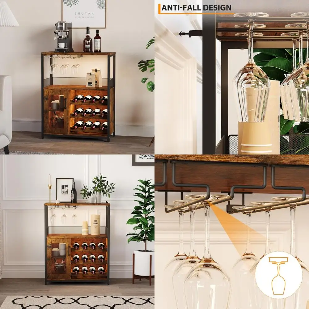 Gabinete de barra de café iluminado con LED, gabinete de barra de estante de vino desmontable, gabinete de licor con puerta de malla, almacenamiento de 36 pulgadas de alto