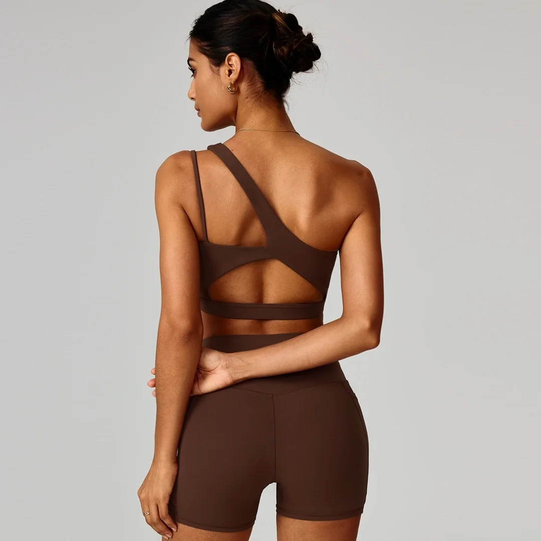Solid Color Butter Gym Yoga Underwear Women Single Shoulder Back Hollow Tight Fitness Sport Bra High Impact Push Up Top With Pad