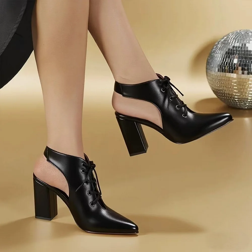 

FHC женские босоножки на массивном высоком каблуке, пикантные летние туфли с открытой спиной, шнуровка спереди, острый носок, размер 35-43, черный, Прямая поставка