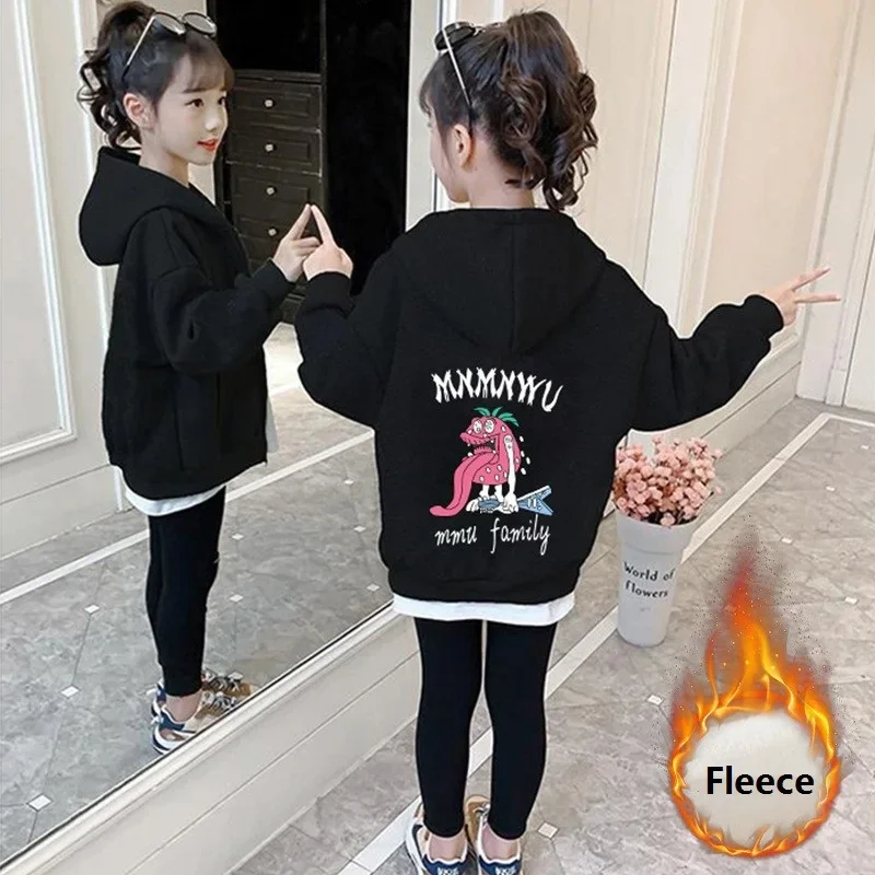 Girls Cartoon Winter Prints Fleece Lined Zip Sweatshirt Jacket School Kids Warm Track Hoodie Child Outfit Work Coat Tops 3-14Yrs