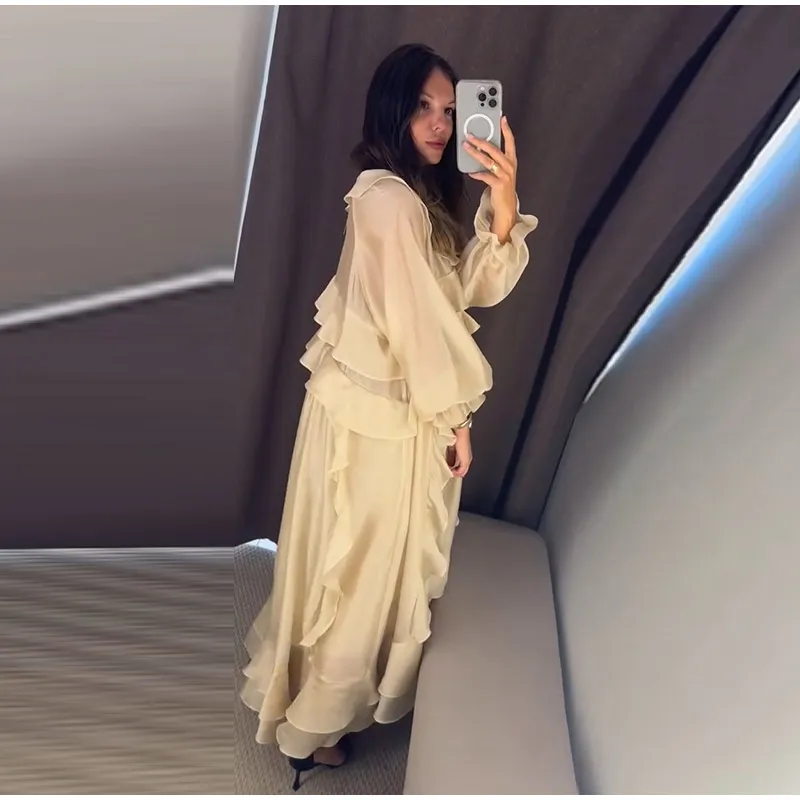 Elegant Ruffle Women's Dress Solid V Neck Full Lantern Sleeve Loose Long Casual Dresses New Street Beach Vacation Robe 2026