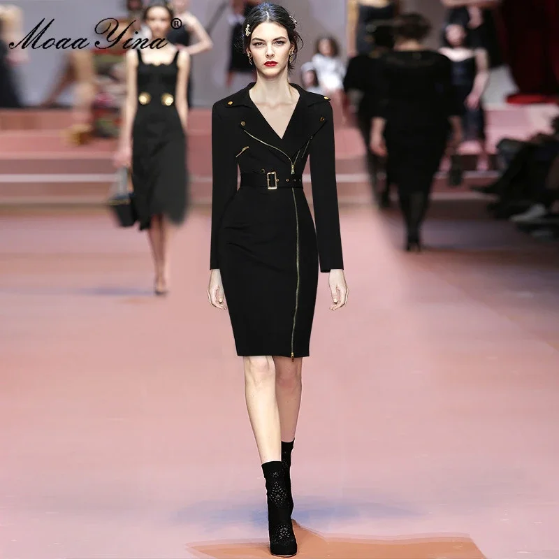 

New Fashion Designer Autumn Women Turn-down Collar Long Sleeve Sashes Slim Office Black Short Pencil Dress