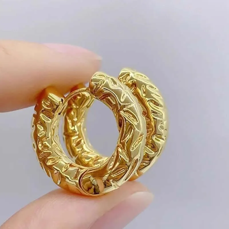 Pure 18K Yellow Gold Earrings Women AU750 Gold Carved Hoop Earrings