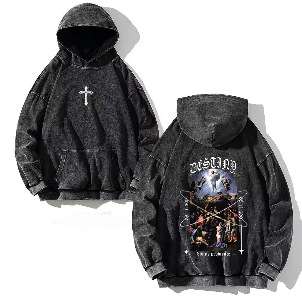 Y2K Washed Hoodies Vintage Cotton Women Men Skull Cross Print Hooded Sweatshirts Oversize Hip Hop Male Pullover Winter Clothes image 5