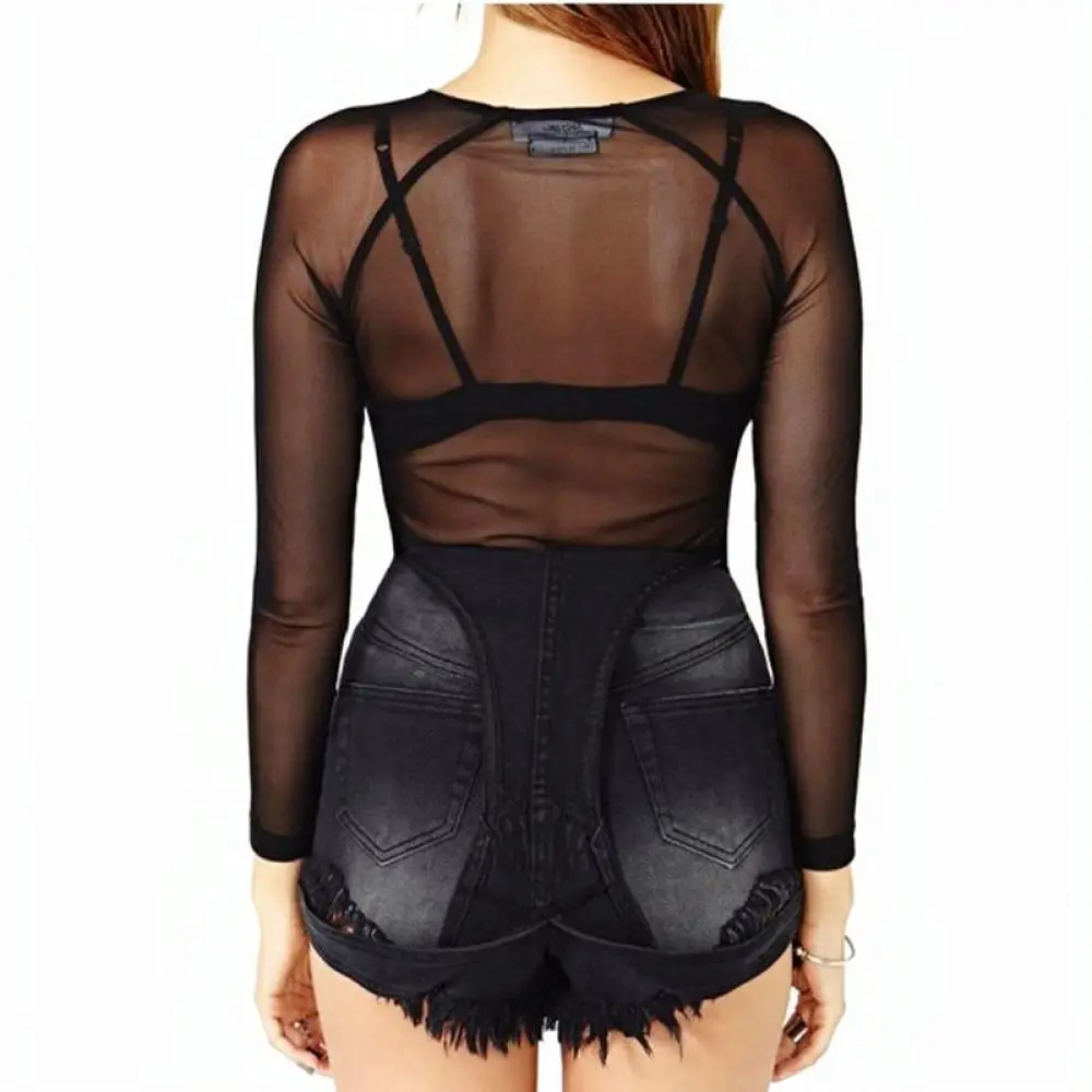 Womens Long Sleeve Sheer Mesh Shirt Black Transparent See Through Base Top Sexy Slim Fit Layering Tee Breathable Blouse