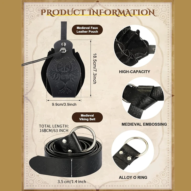 1 Stück 2 mittelalterlicher Retro-Gürtel, Unisex-Geldbörsen-Set aus Leder, Renaissance-Wikinger-Ritter-Accessoires, runde Ring-Gürtelschnalle, Renaissanc