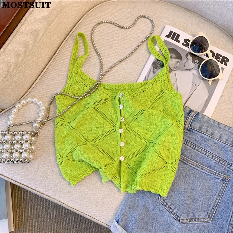 Sexy Slim Knit Vests Crop Tops Women Fashion Stylish Chic Single-breasted Knitwear 2024 Summer Sleeveless Hollow Out Jumpers