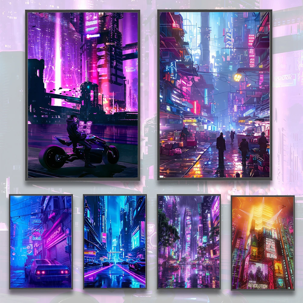 Self-adhesive Cyberpunk City Poster Home Decoration Painting Pictures Wall Art Cartoons Computer Room Wallpaper Kid Decor Gift