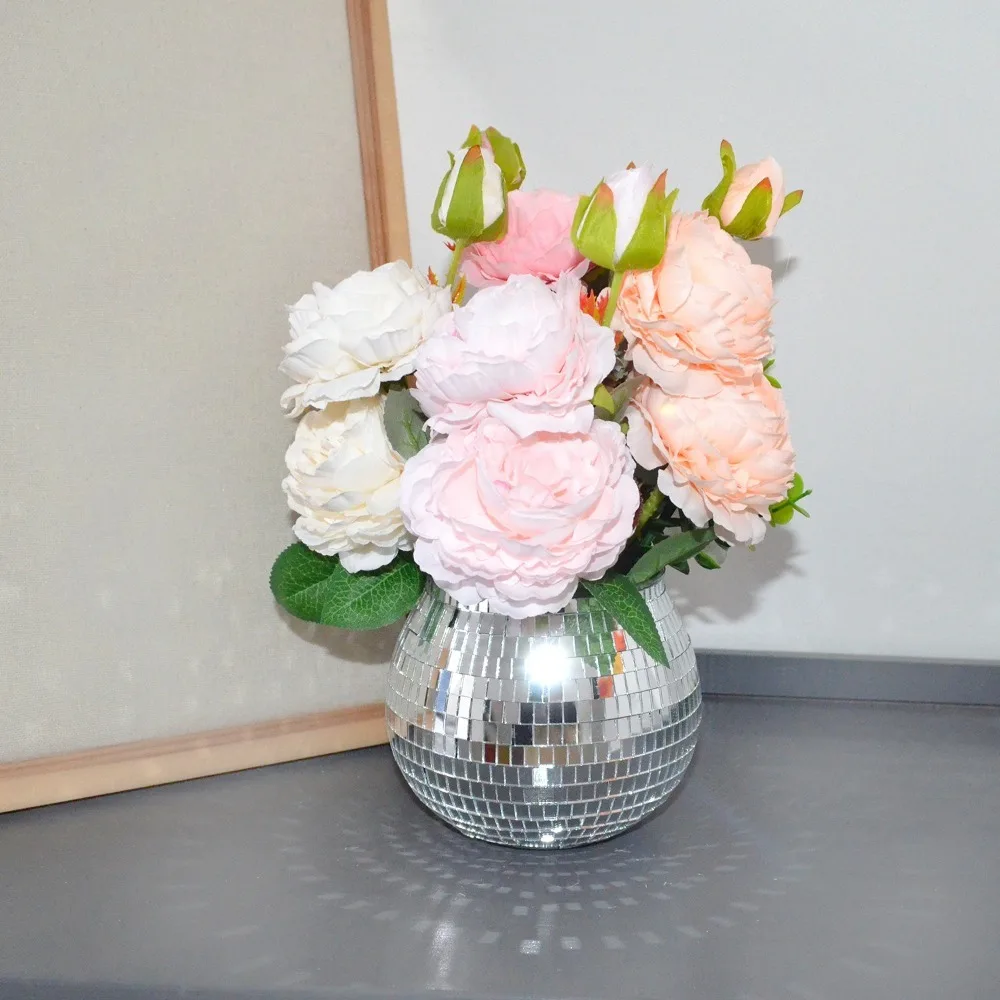 Creative Disco Ball Flower Pot Silver Mirror Glass Round Disco Ball Plant Holder Home Decoration Flower Vase Home