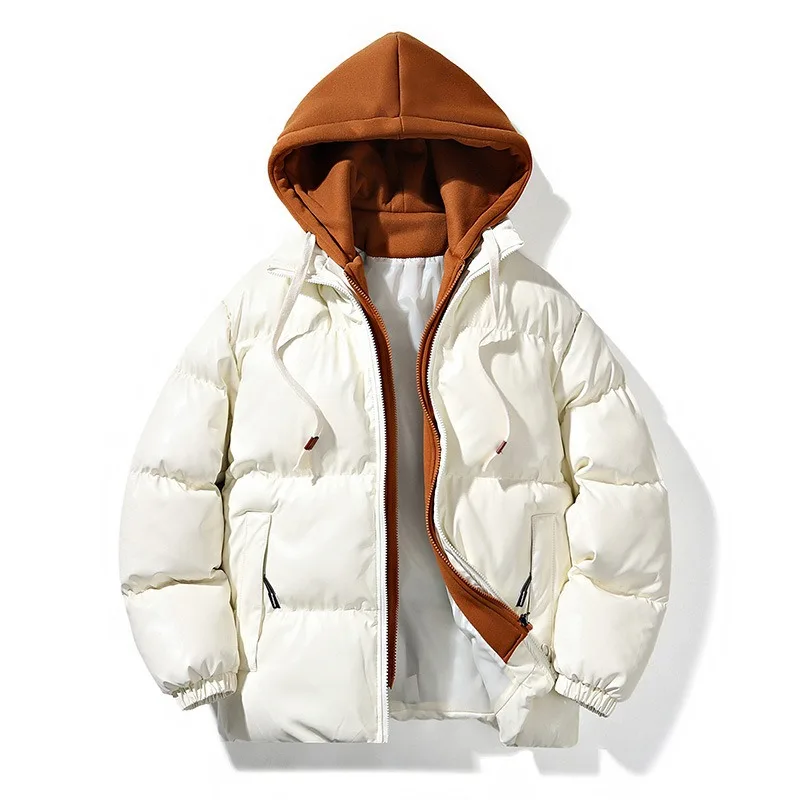 KIDWHXR Man Parkas Coat Winter Contrast Color Male Hooded Jacket Thicken Warm Loose Zipper Casual Men Fake Two-piece Outerwear